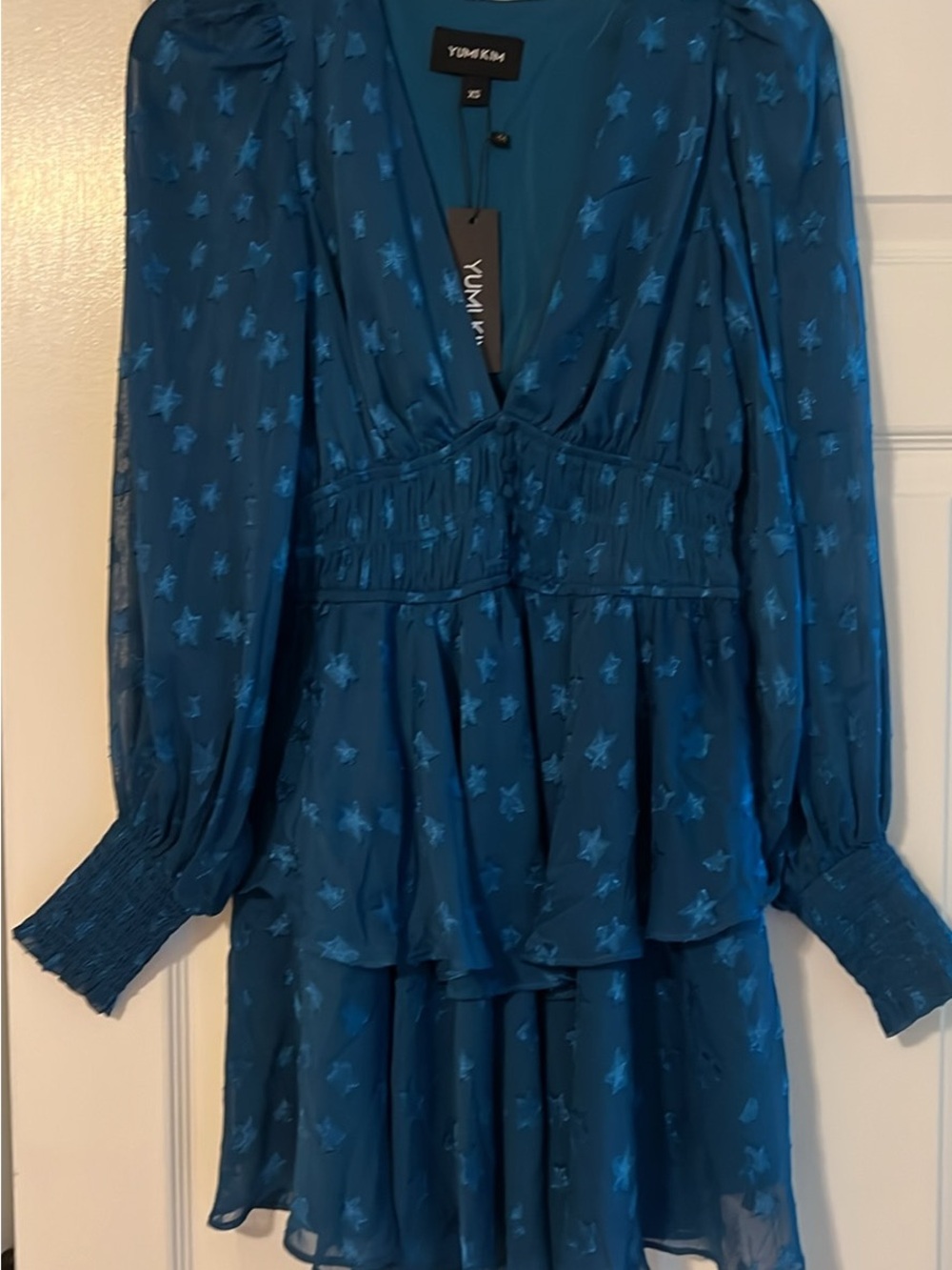 Yumi Kim Teal Star-Print Long Sleeve Tiered Mini Dress